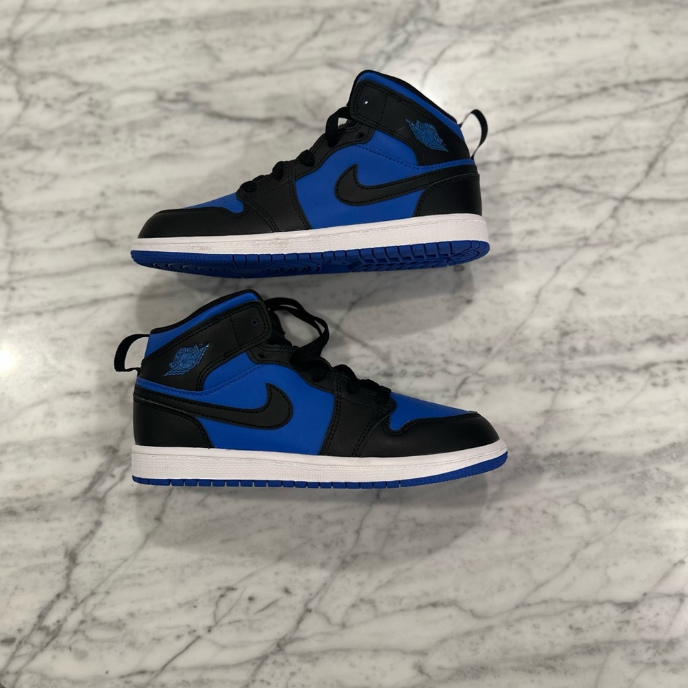 Nike Air Jordan 1 Mid, Kids Black and Royal Sneakers, NWOT